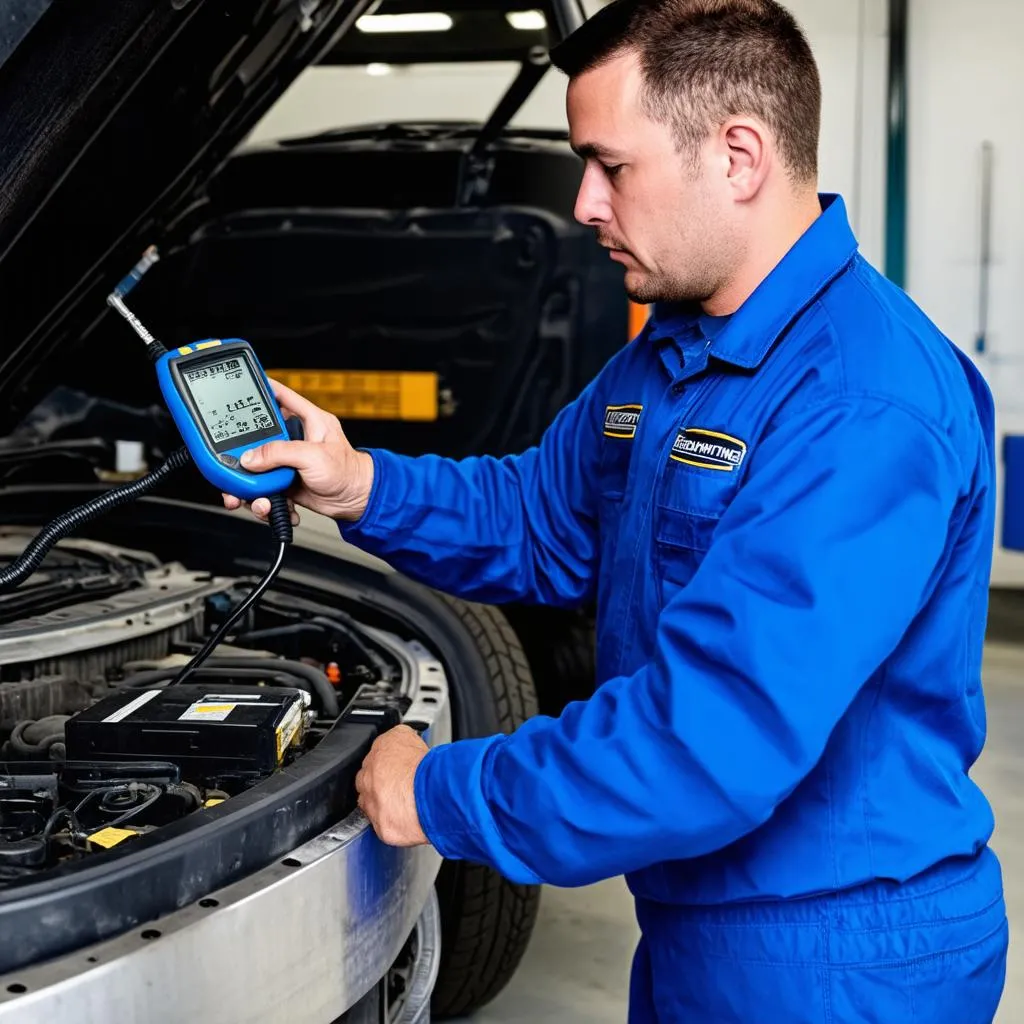 Mechanic using a code reader on a Freightliner truck