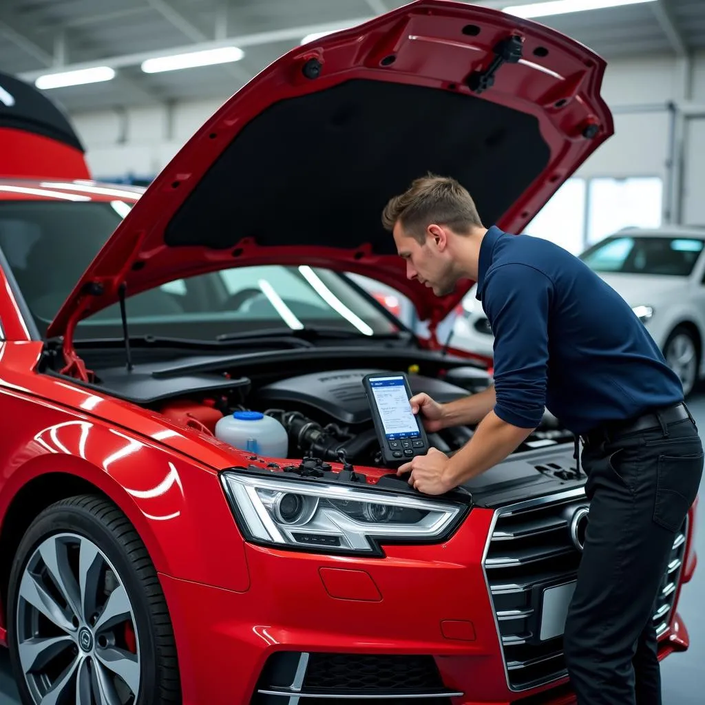 Mechanic inspecting an Audi A4 with a Cornwell scan tool