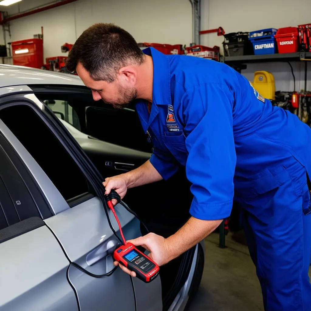 Mechanic using a Craftsman OBD2 scan tool on a car in a garage