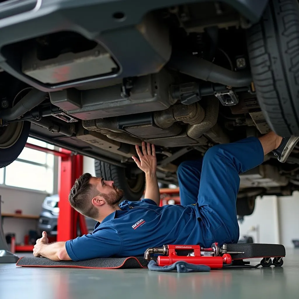 Mechanic using a creeper under a car