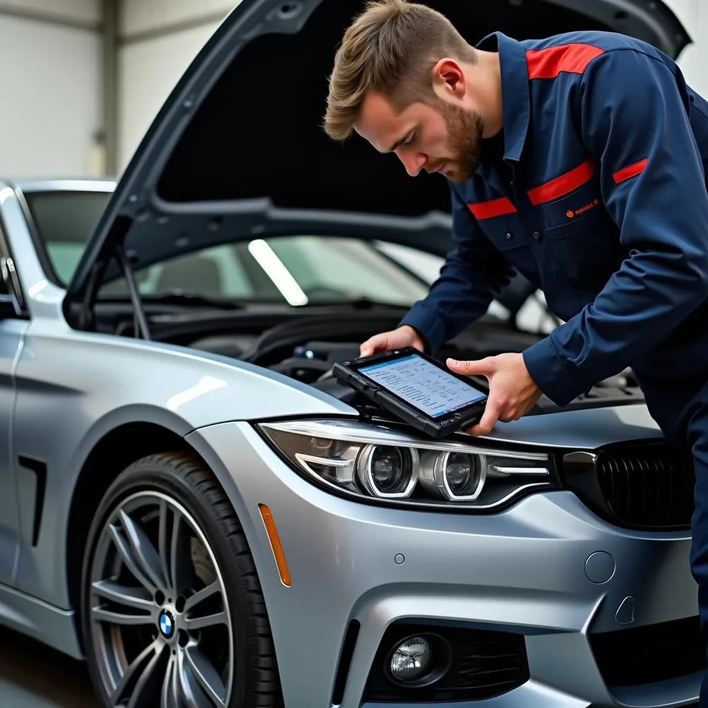 Mechanic using a dealer-level scan tool on a BMW