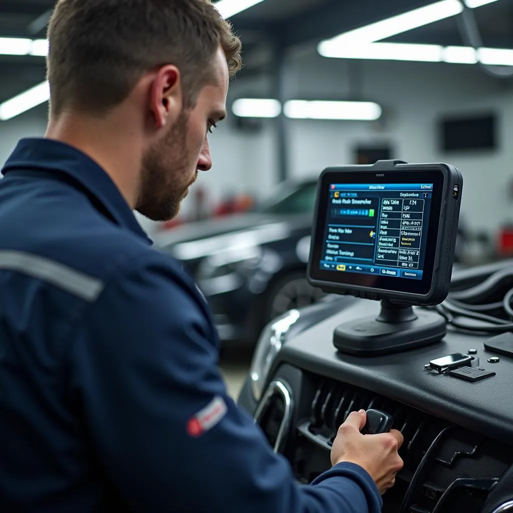 Mechanic Using Dealer-Level Scanner on Mercedes-Benz