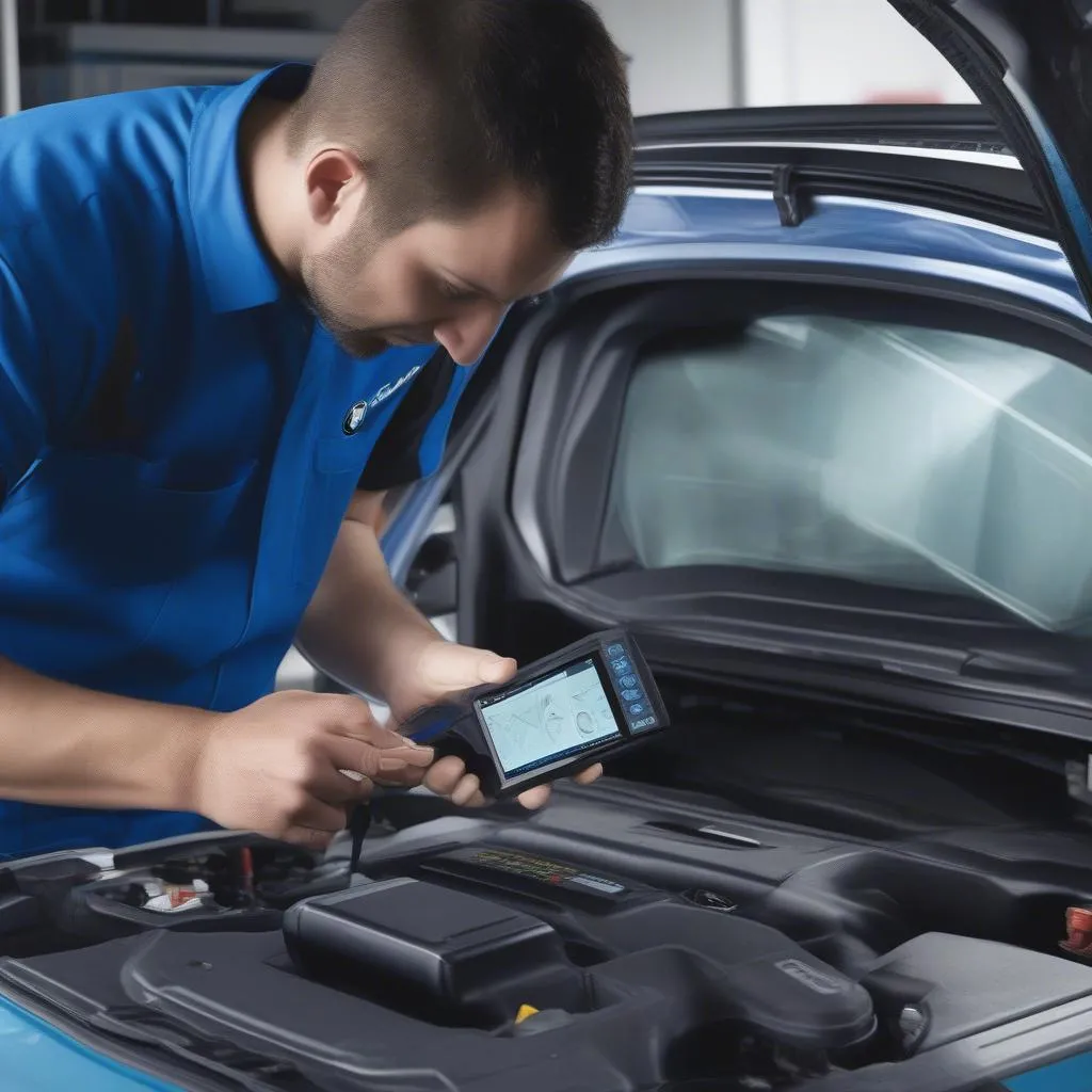 Mechanic using a dealer scanner to diagnose a problem with a BMW X5