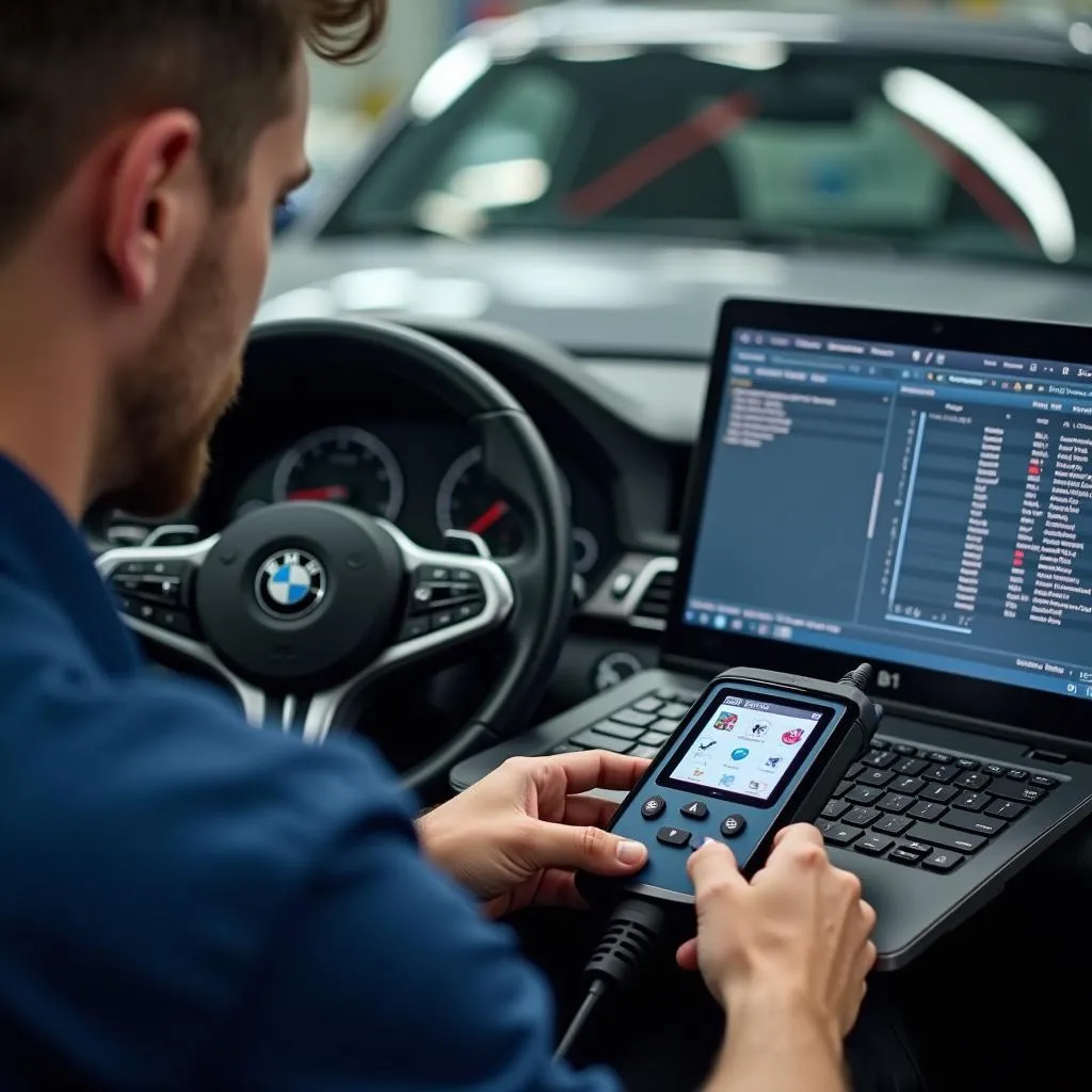 Mechanic Diagnosing BMW with Dealer Scanner