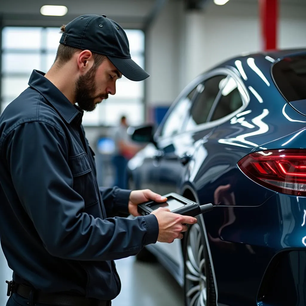 Mechanic Using Dealer Scanner on European Car