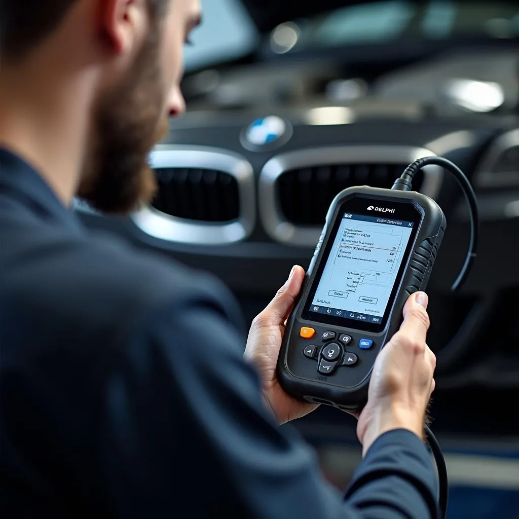 Mechanic using a Delphi EFI scanner on a BMW