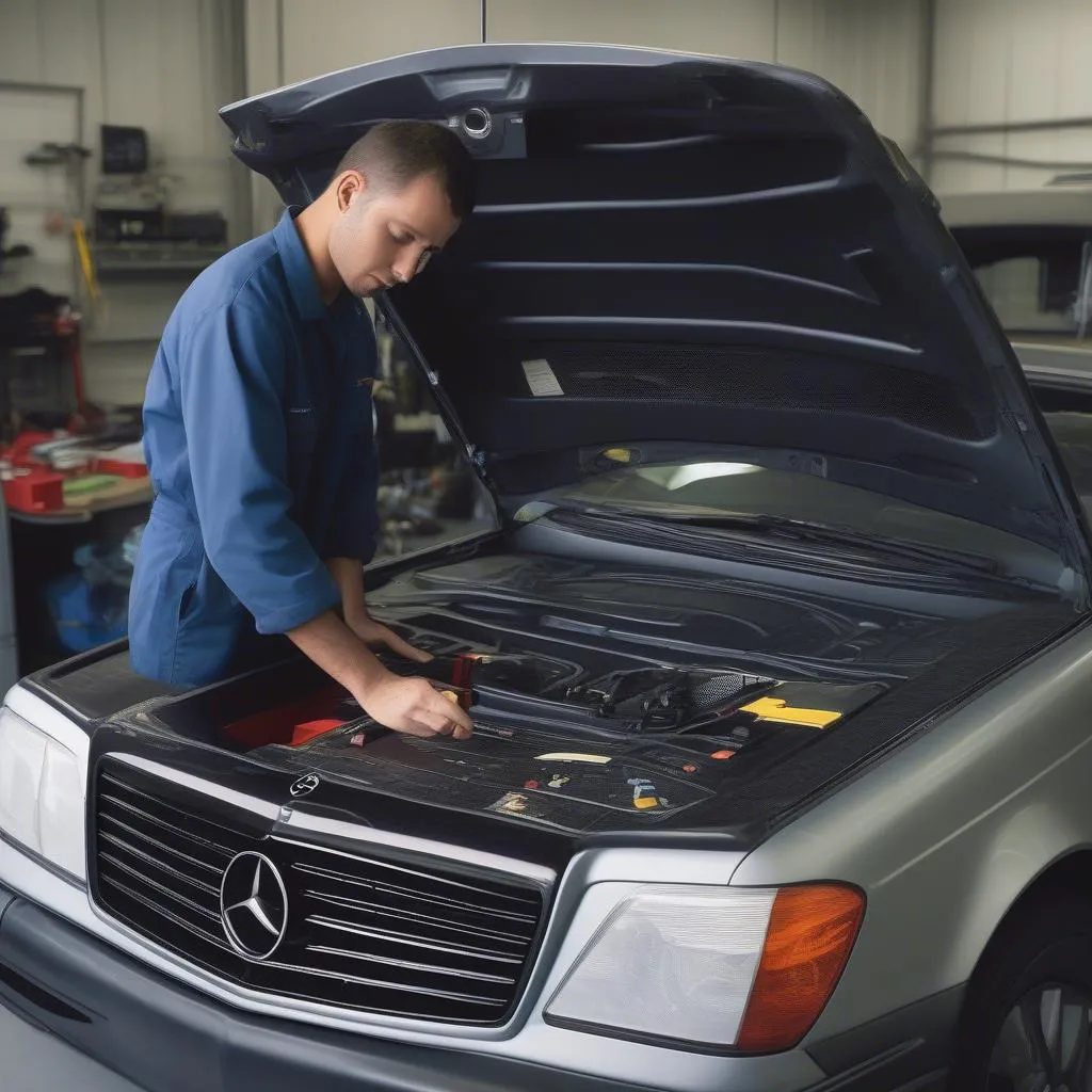 mechanic using diagnostic computer european car