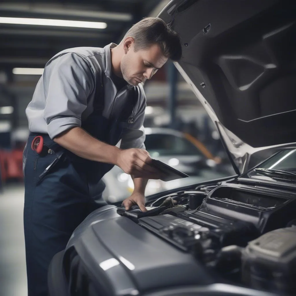 Mechanic Using Diagnostic Computer on Car