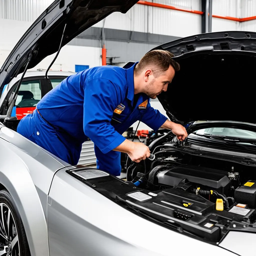 Mechanic using a diagnostic scan tool to check a car's engine