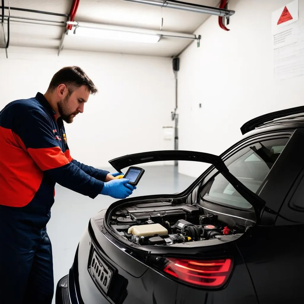 Mechanic using a high-end scan tool