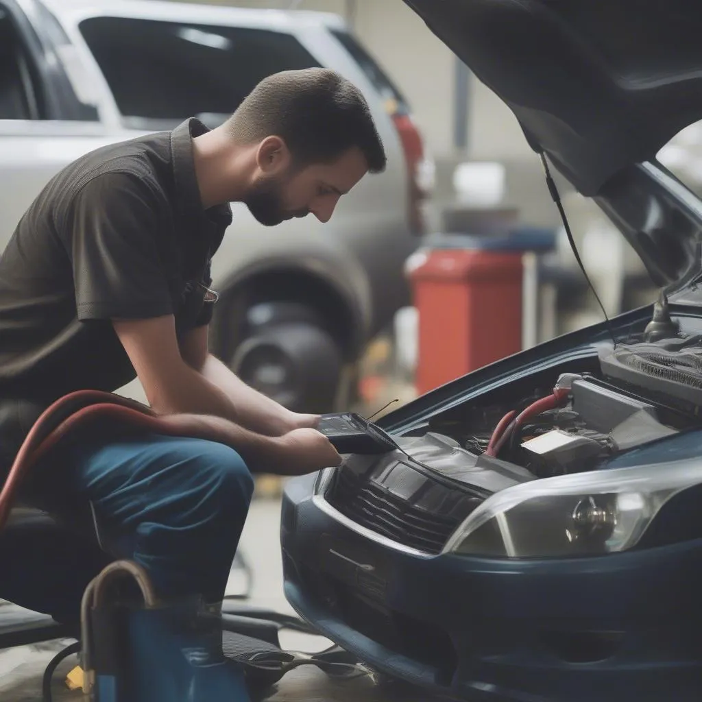 Mechanic using a diagnostic scan tool to troubleshoot a car