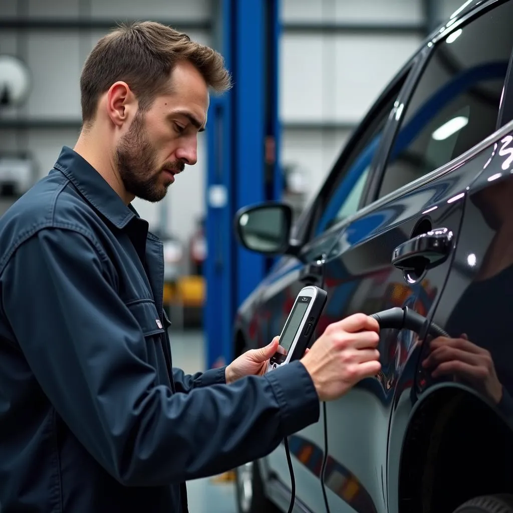 Mechanic using a diagnostic scan tool on a car in a workshop