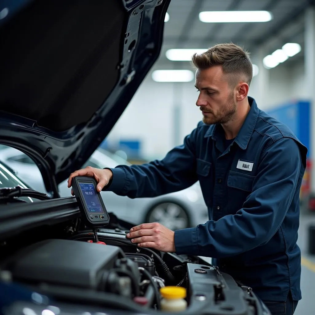 Mechanic Diagnosing Car with Scan Tool