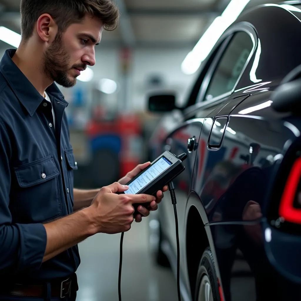 Mechanic Using a Diagnostic Scan Tool on a Dodge Charger