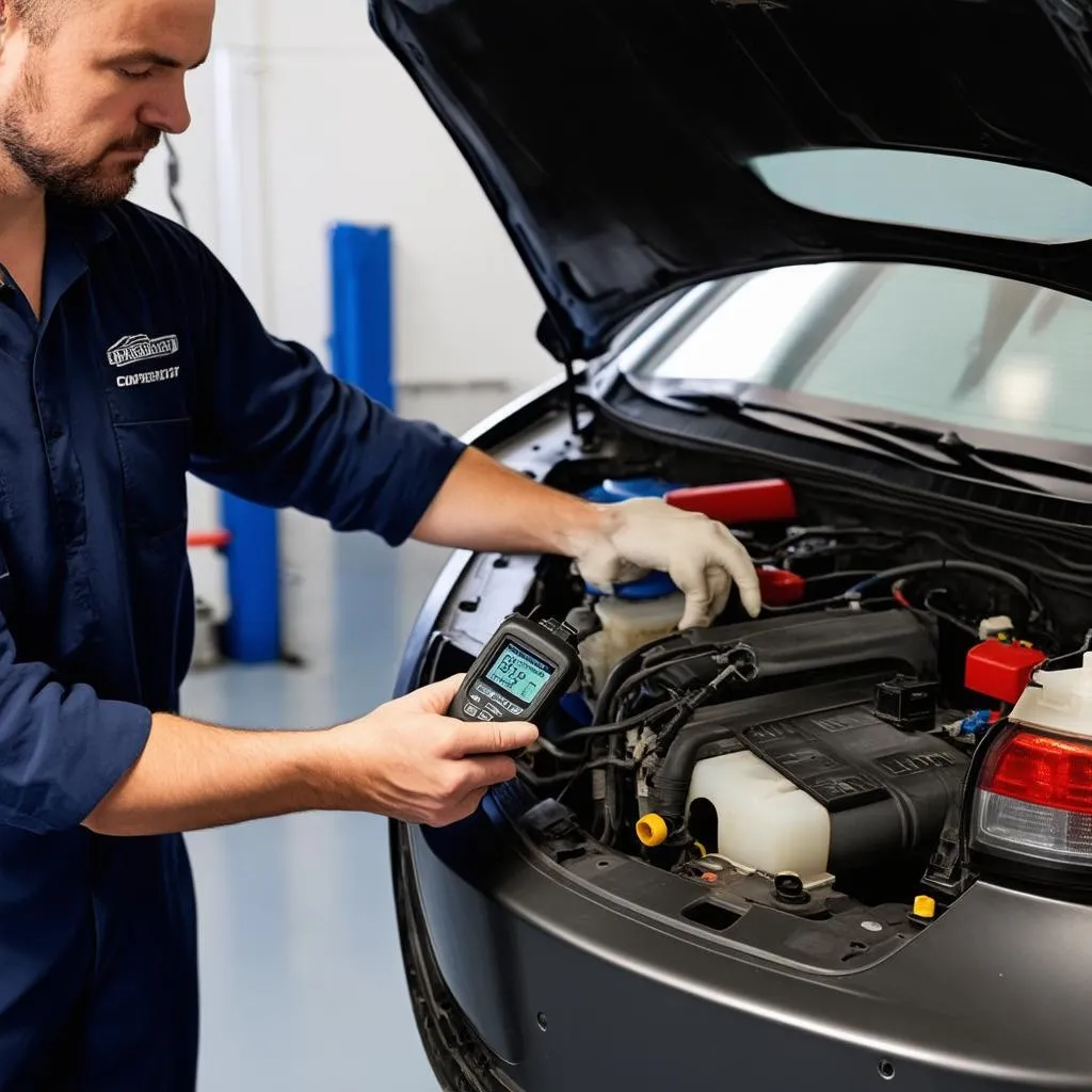 Mechanic Using Diagnostic Scanner on a Car