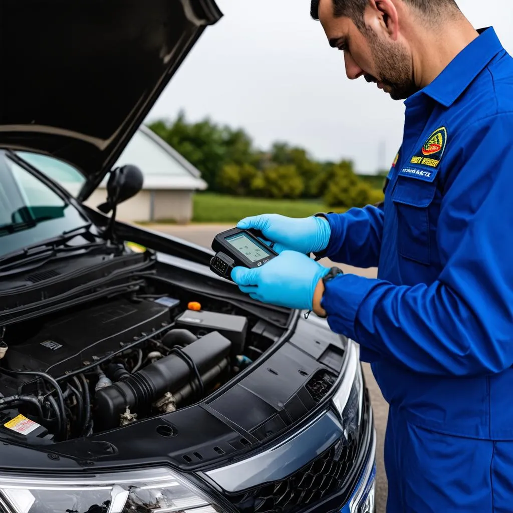 Mechanic using a diagnostic scanner