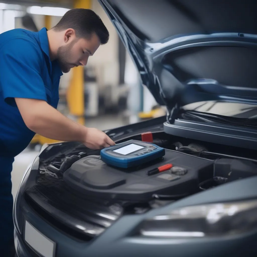 Mechanic using diagnostic scanner on a car