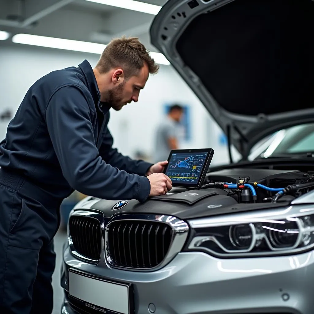 Mechanic Using Diagnostic Scanner on BMW