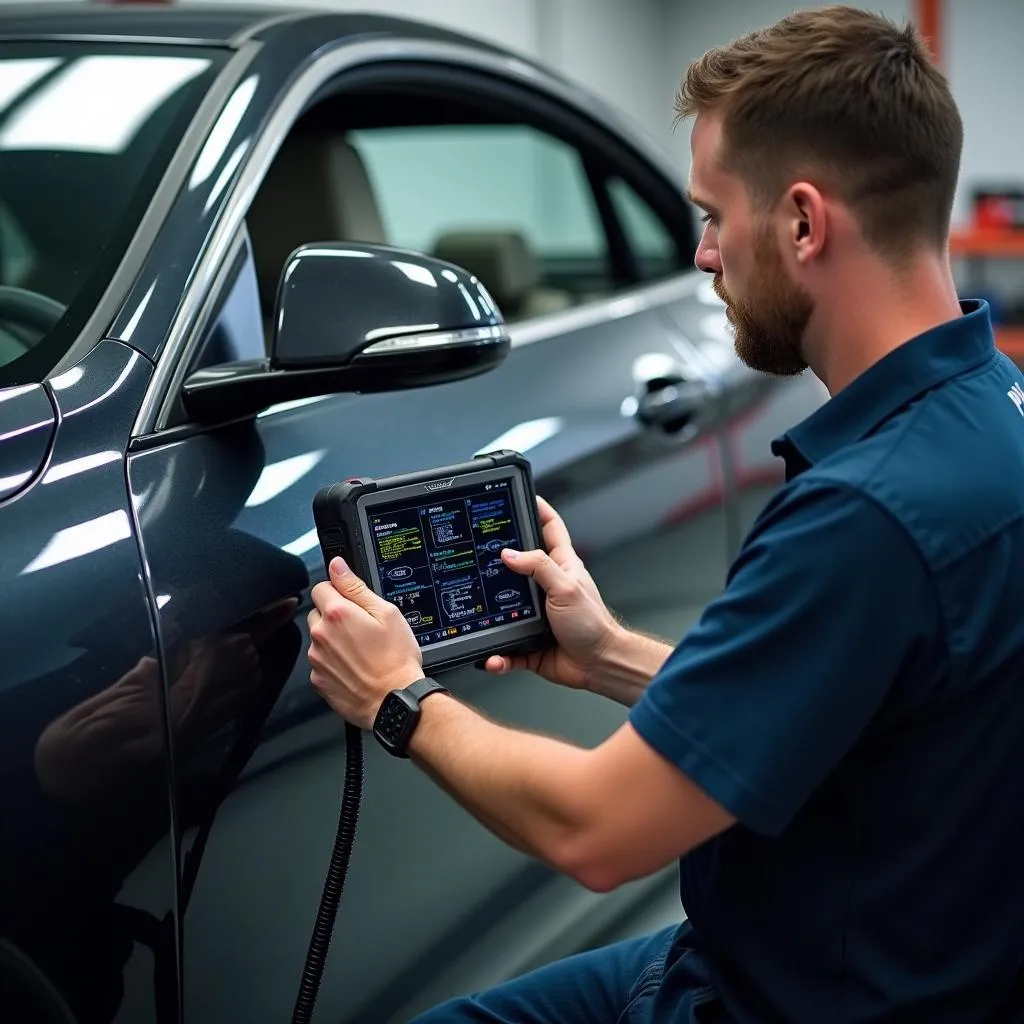 A mechanic using a professional-grade diagnostic scanner on a BMW in a repair shop