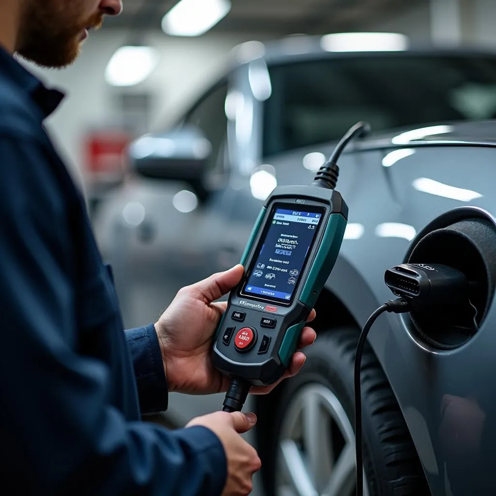 Mechanic Using Diagnostic Scanner on Car