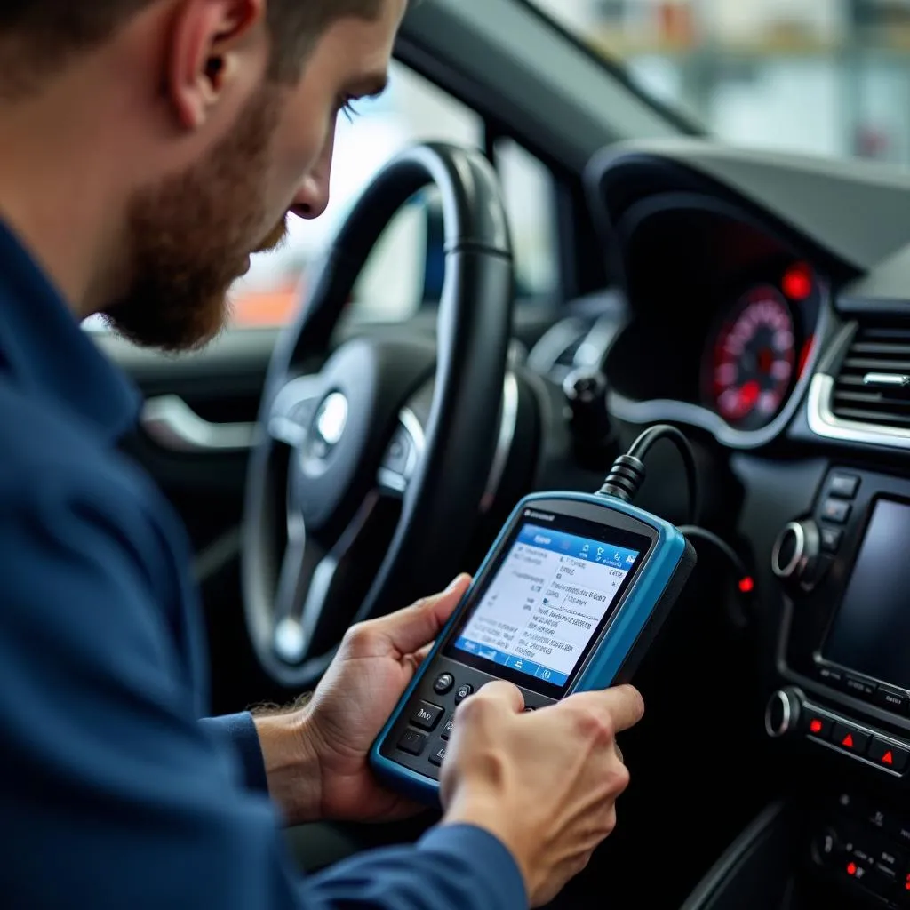 Automotive technician diagnosing a European car's electrical system