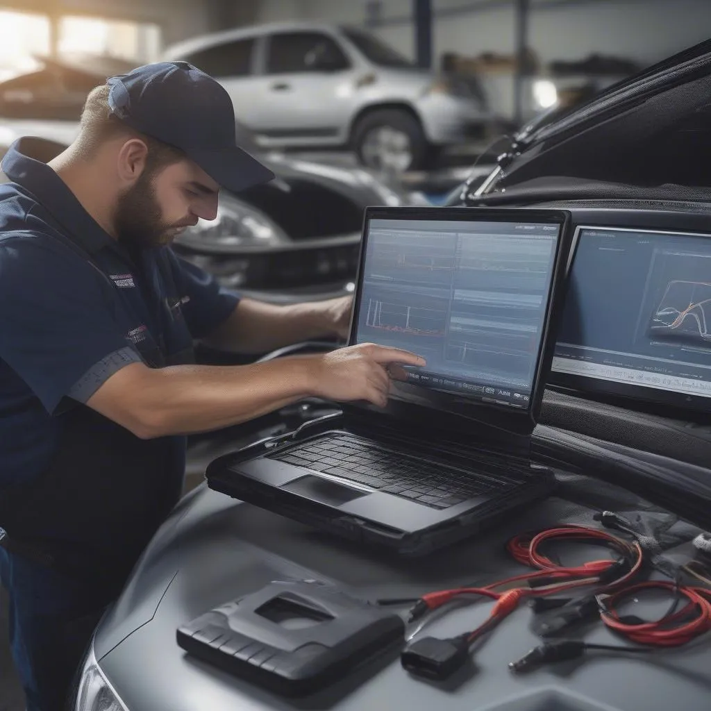 Mechanic Using Diagnostic Software on Laptop