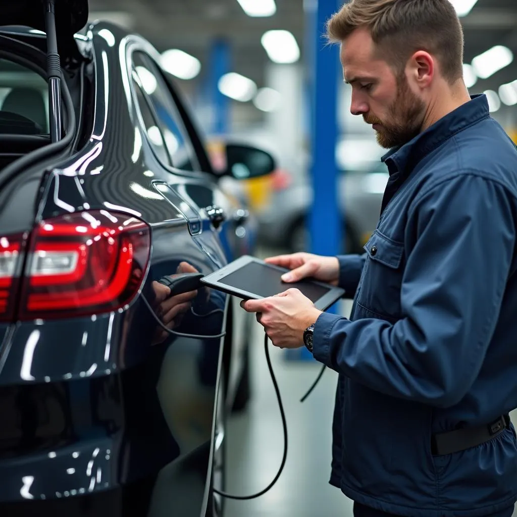 Mechanic Using a Diagnostic Tablet