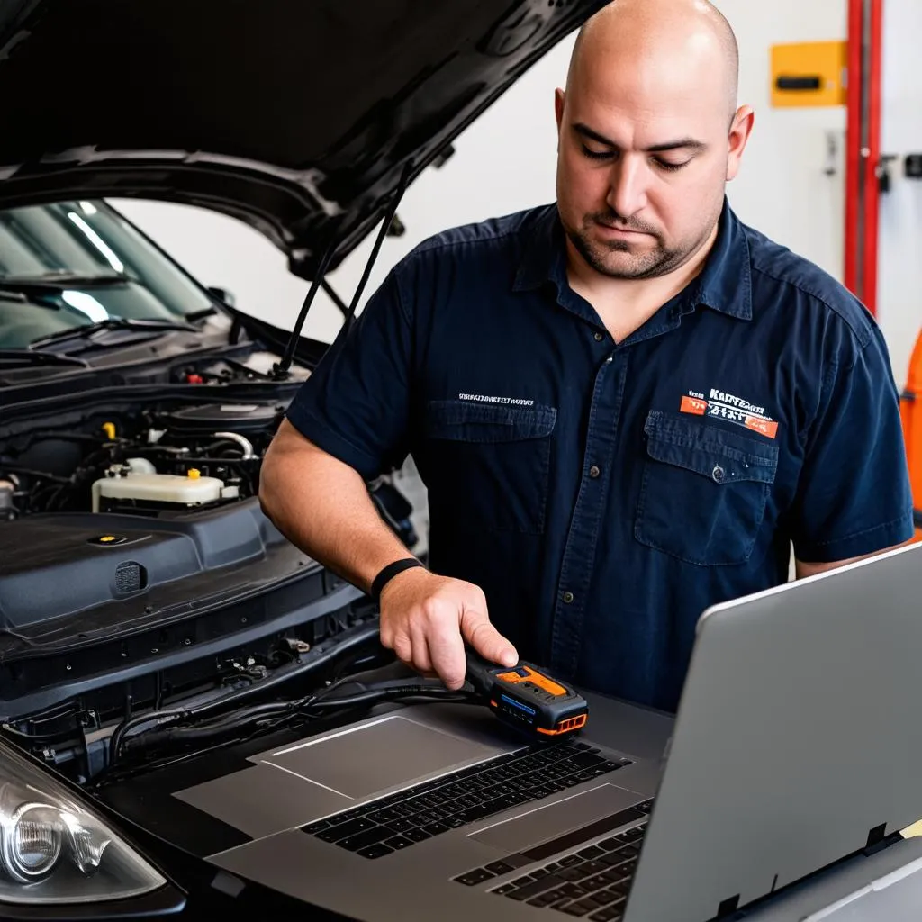 Mechanic using diagnostic tool