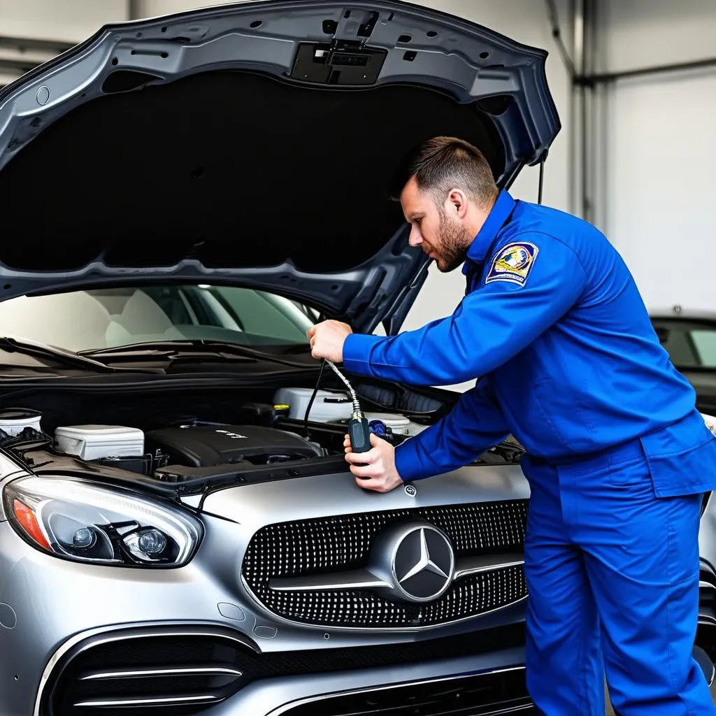 Mechanic using a diagnostic tool