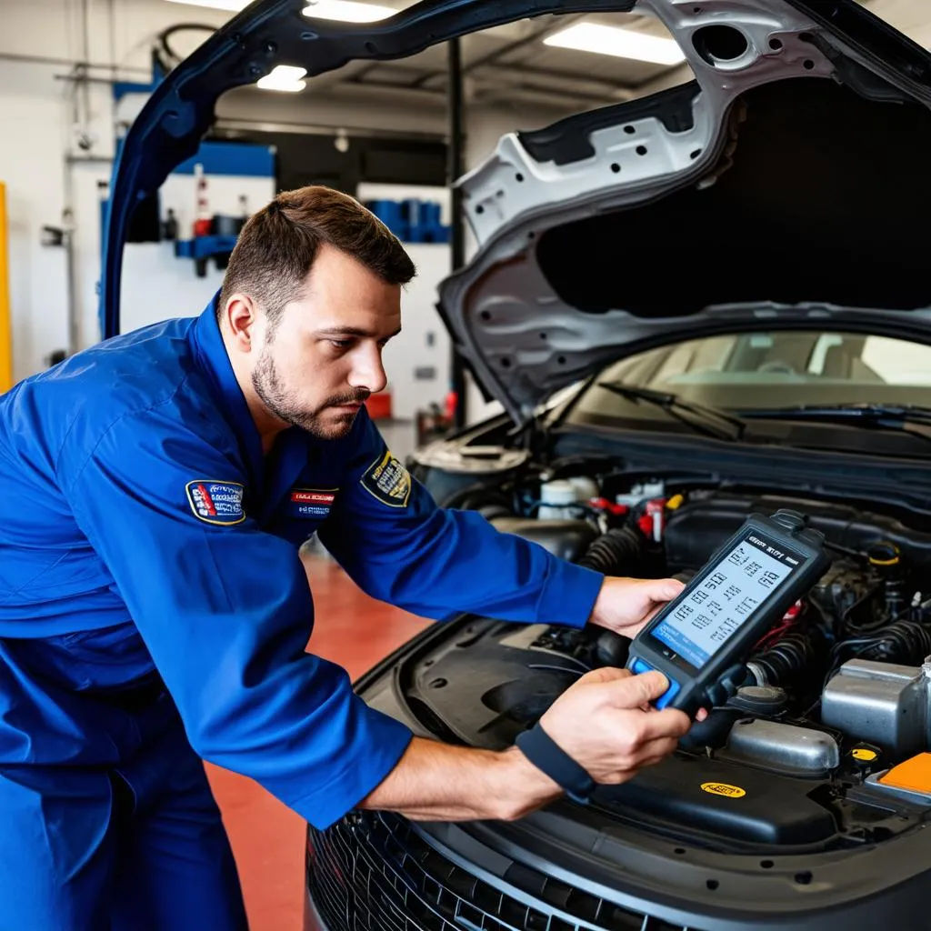 Mechanic using diagnostic tool