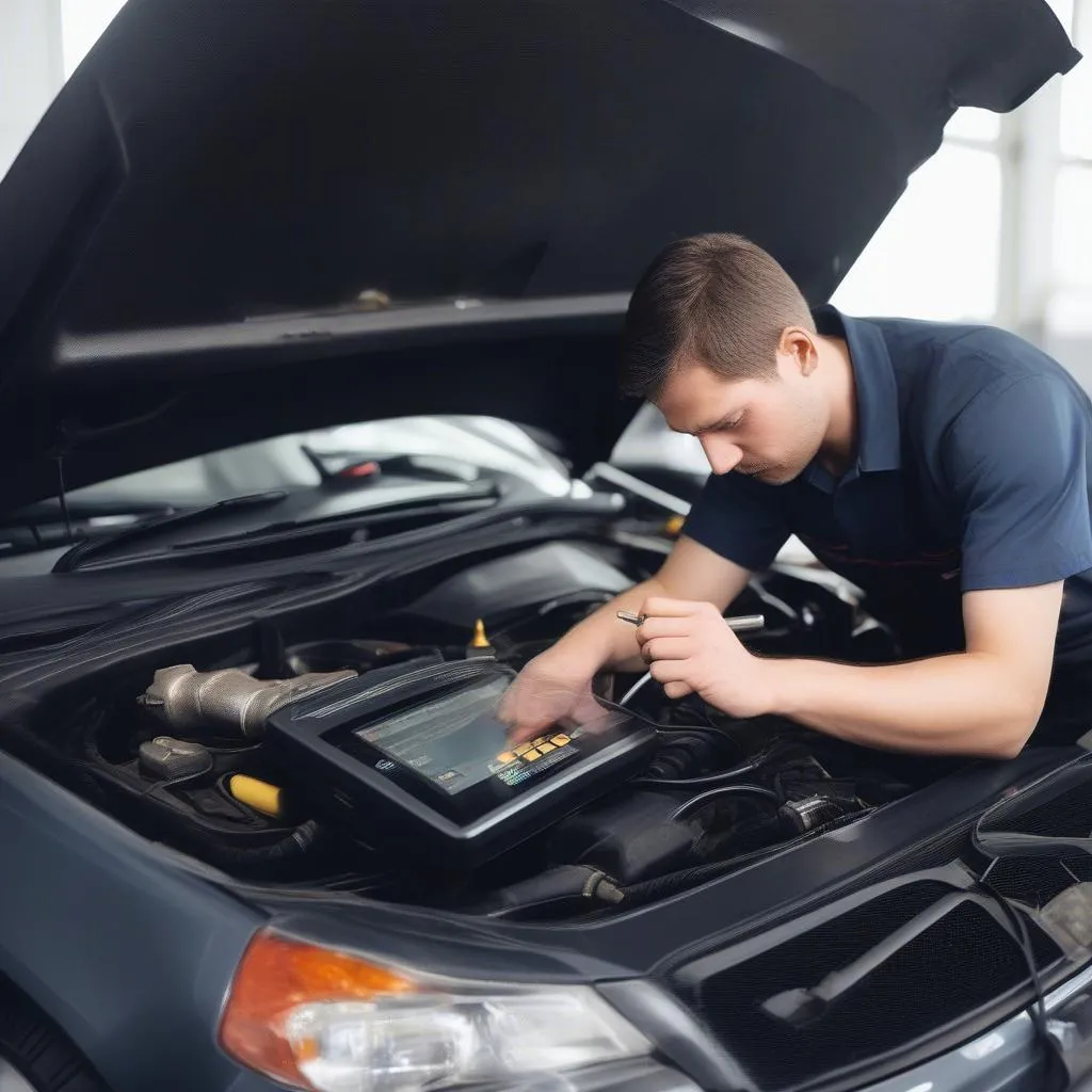 Mechanic using diagnostic tool