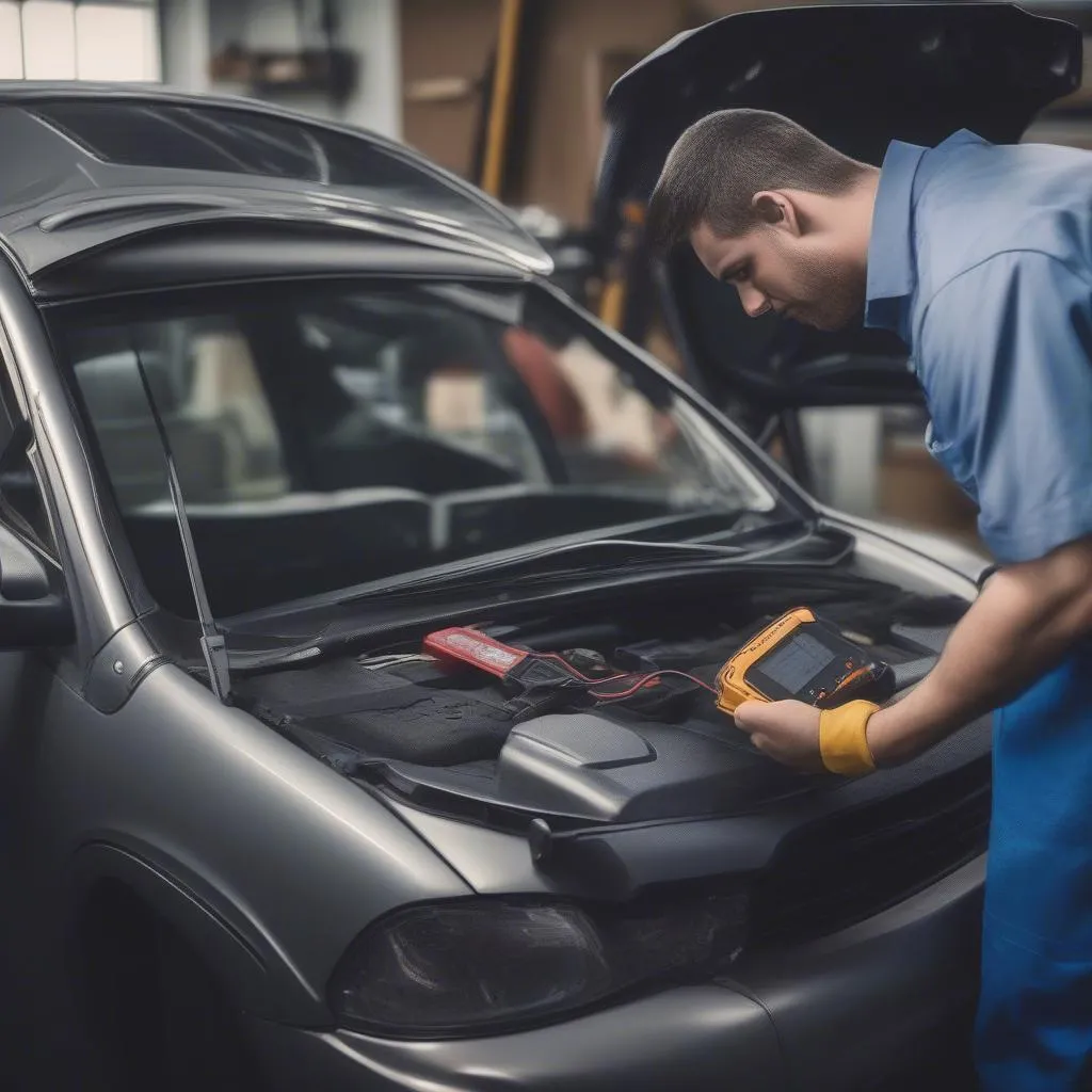 Mechanic using diagnostic tool