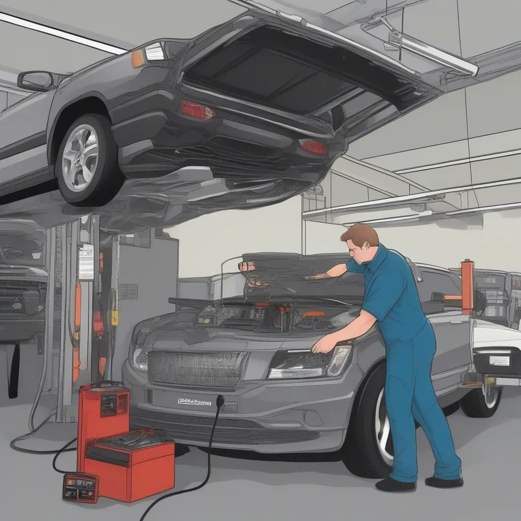 Mechanic using a diagnostic tool on a car