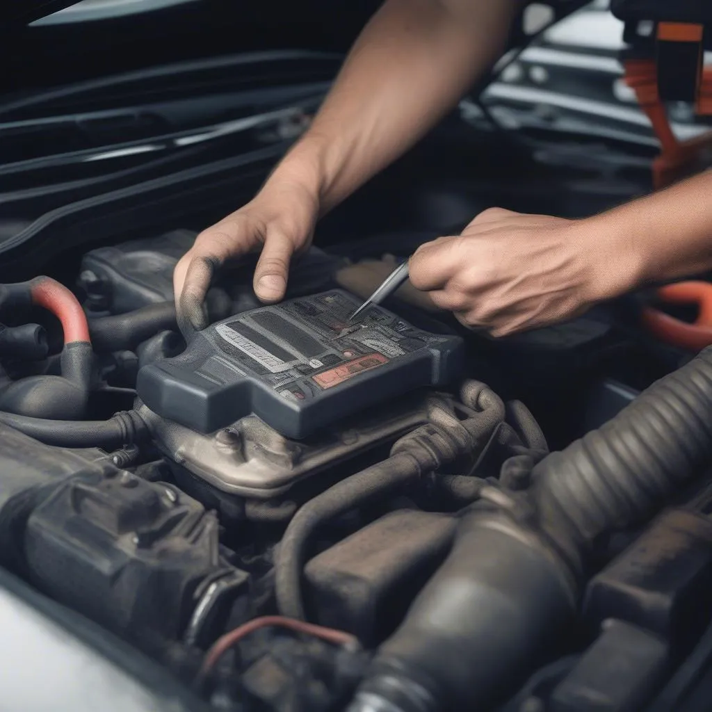 Mechanic using a diagnostic tool on a car's engine