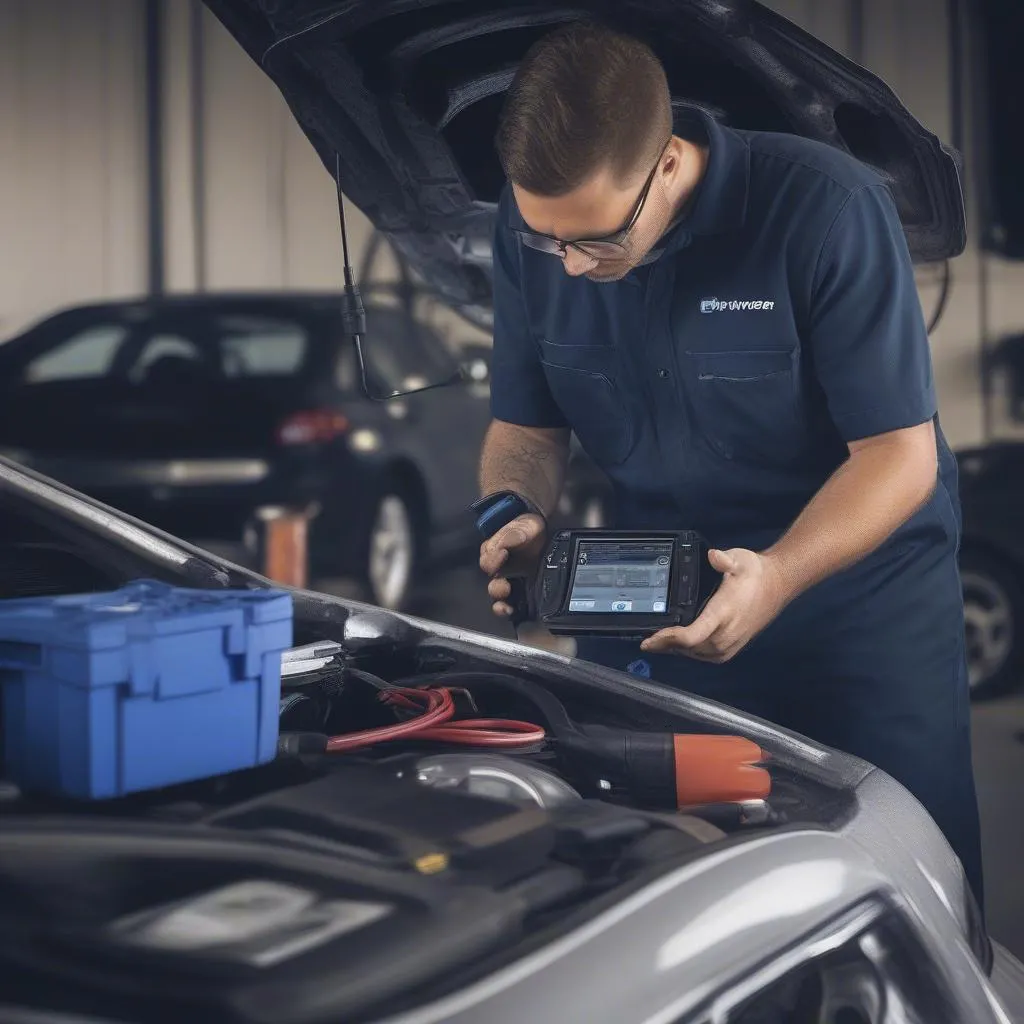 Mechanic Using Diagnostic Tool in Garage