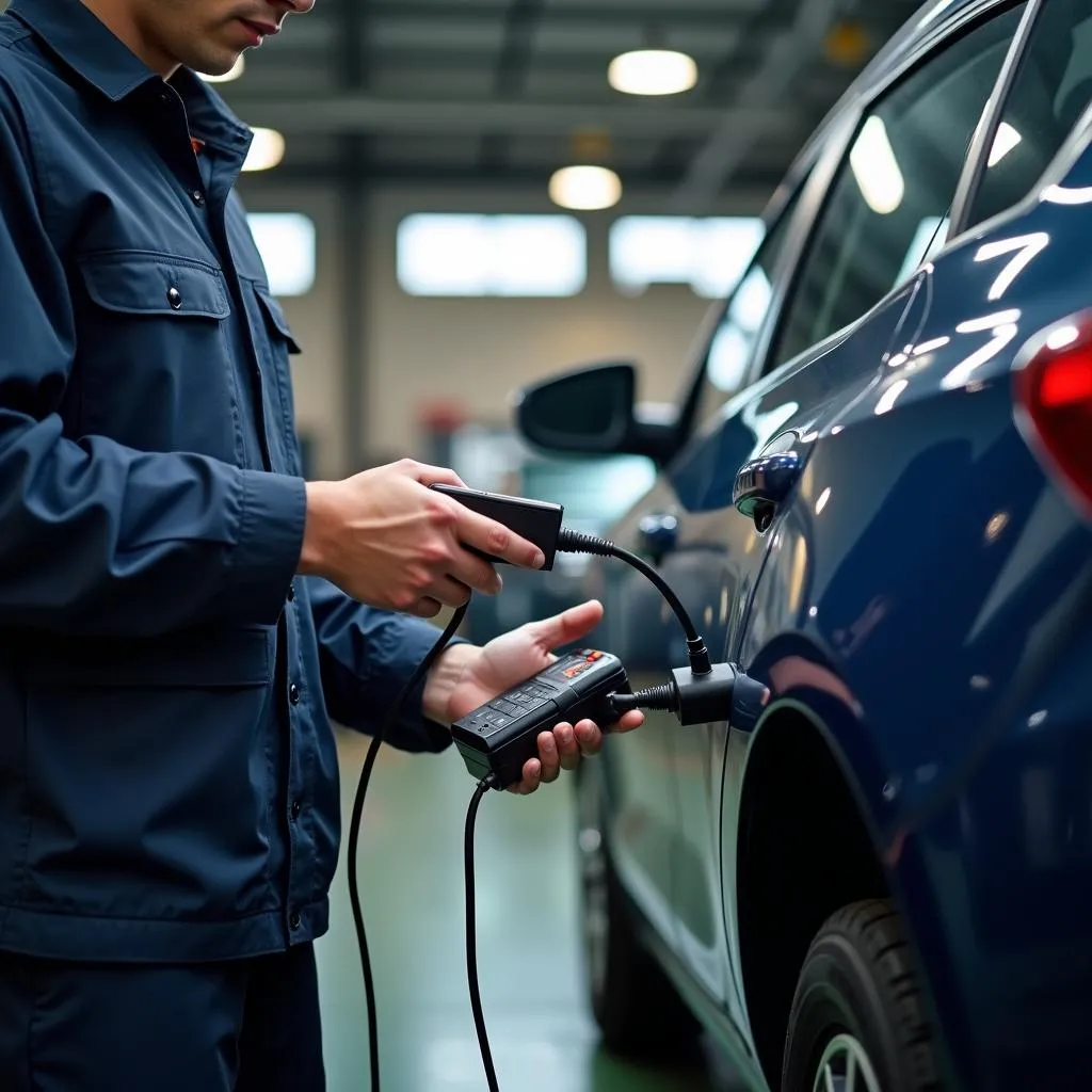 Mechanic using a diagnostic tool on a car