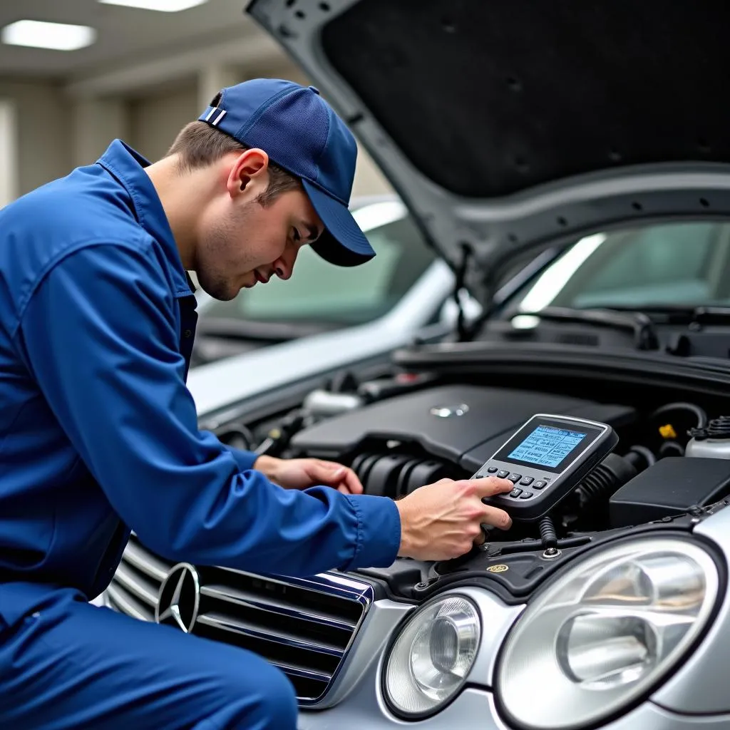 Mechanic using a diagnostic tool on a car