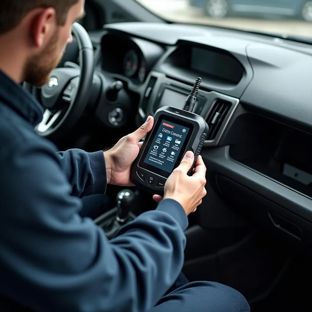 Mechanic Using Diagnostic Tool on Car