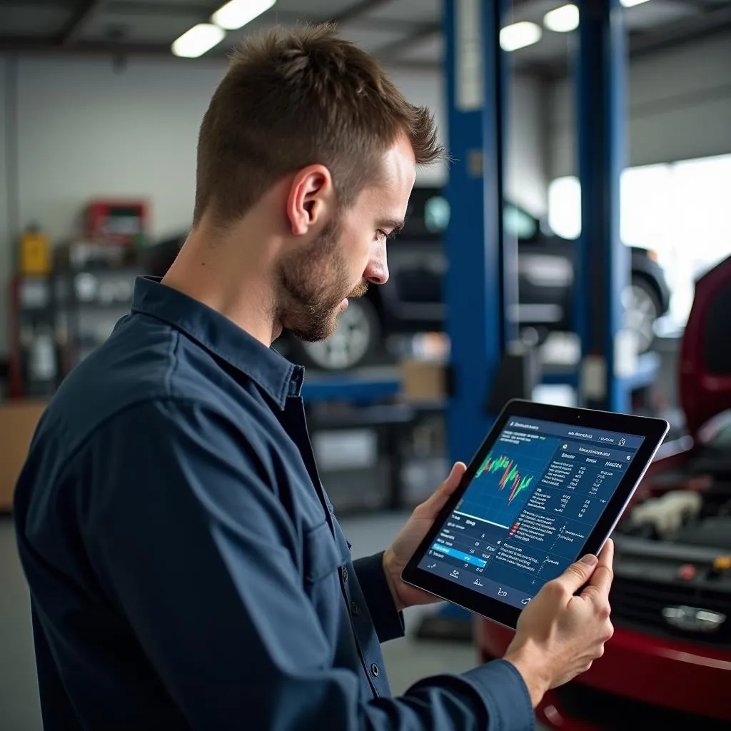 Mechanic Using Diagnostic Tool on iPad