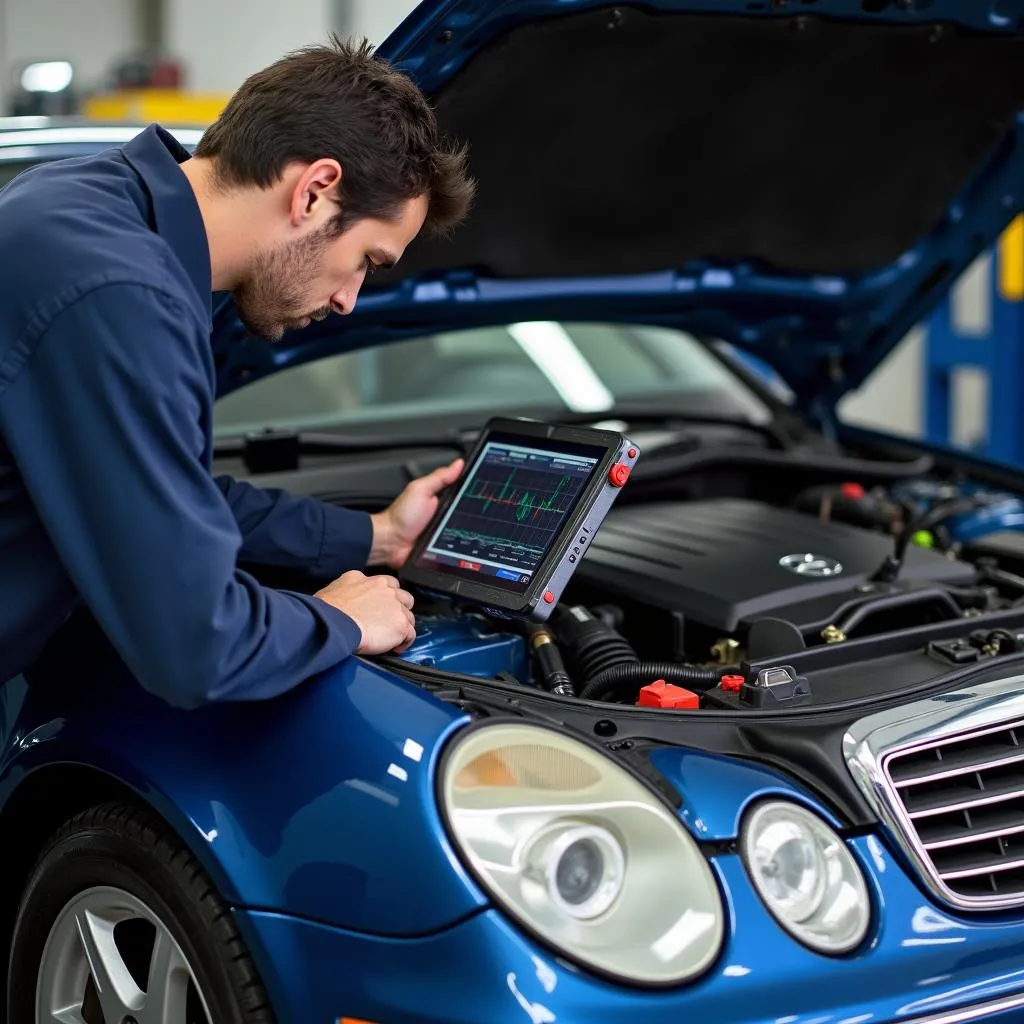 Mechanic Using Diagnostic Tool on Mercedes E430 Engine