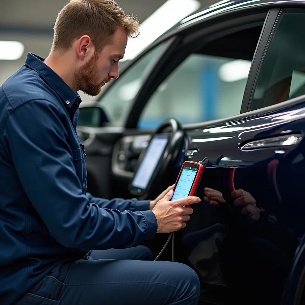  Mechanic Diagnosing a Tesla Using a High-Tech Scanner