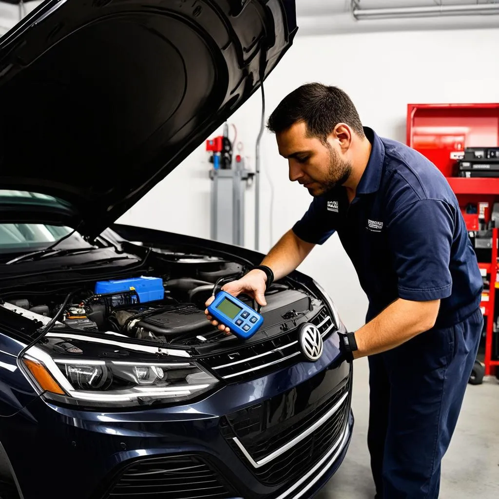 Mechanic using a diagnostic tool on a Volkswagen