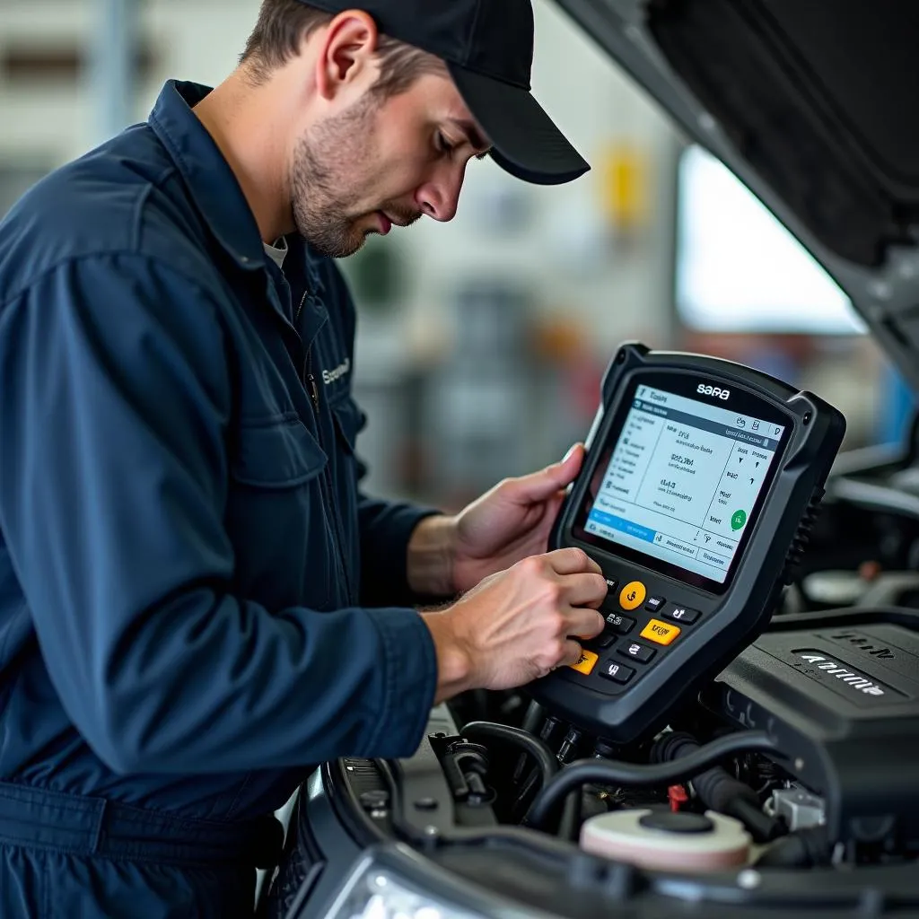 Mechanic Diagnosing Saab 9-3 Airbag System