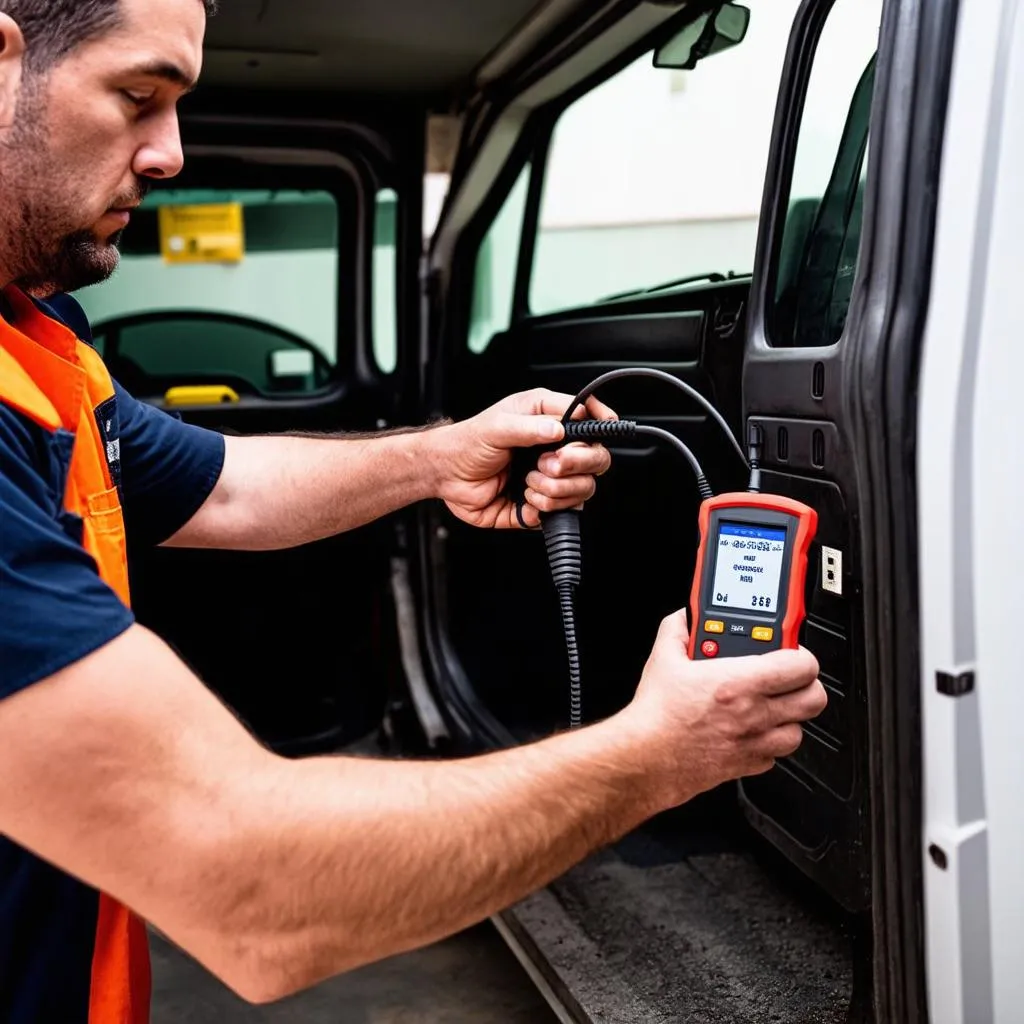 Mechanic Using Diesel Scanner