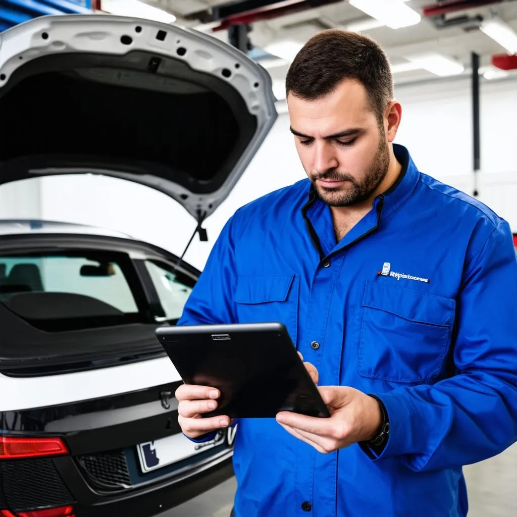 Mechanic Using a Digital Tablet to Diagnose a Car Problem