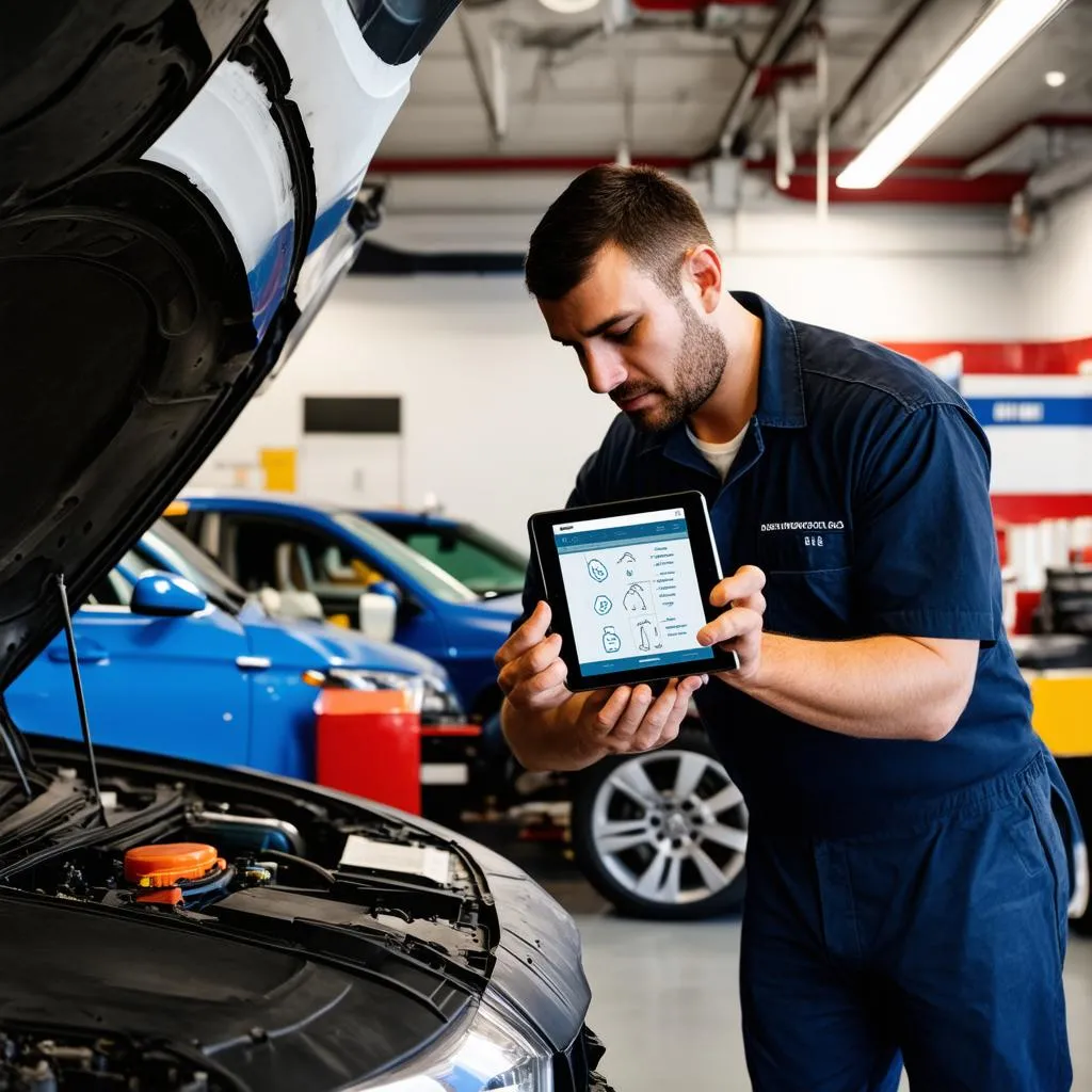 Mechanic Using Digital Tablet to Diagnose Car