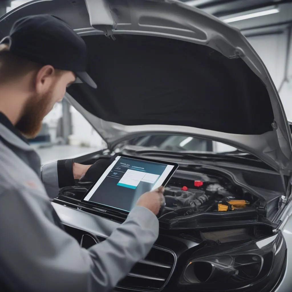 Mechanic Using Digital Tablet to Diagnose Car