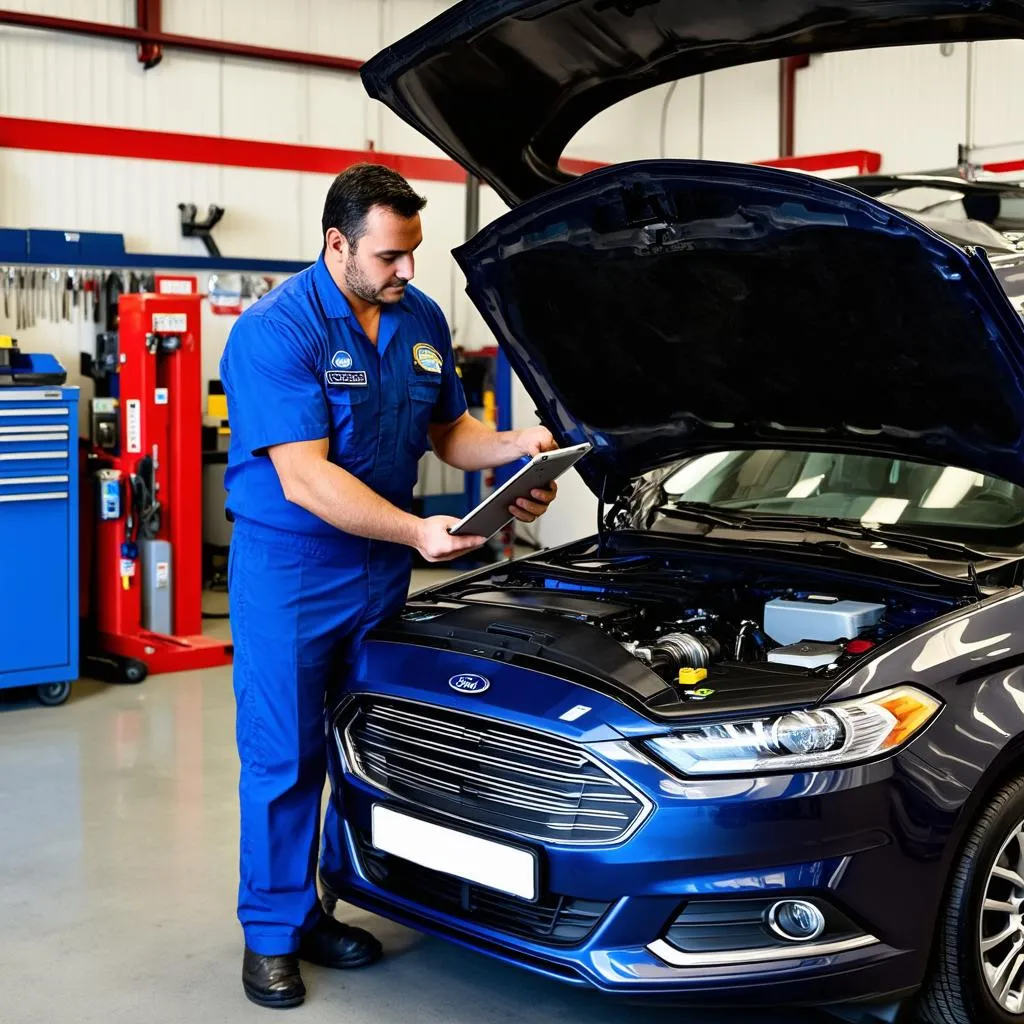 Mechanic using a digital tablet to diagnose car engine problems in a modern car service.