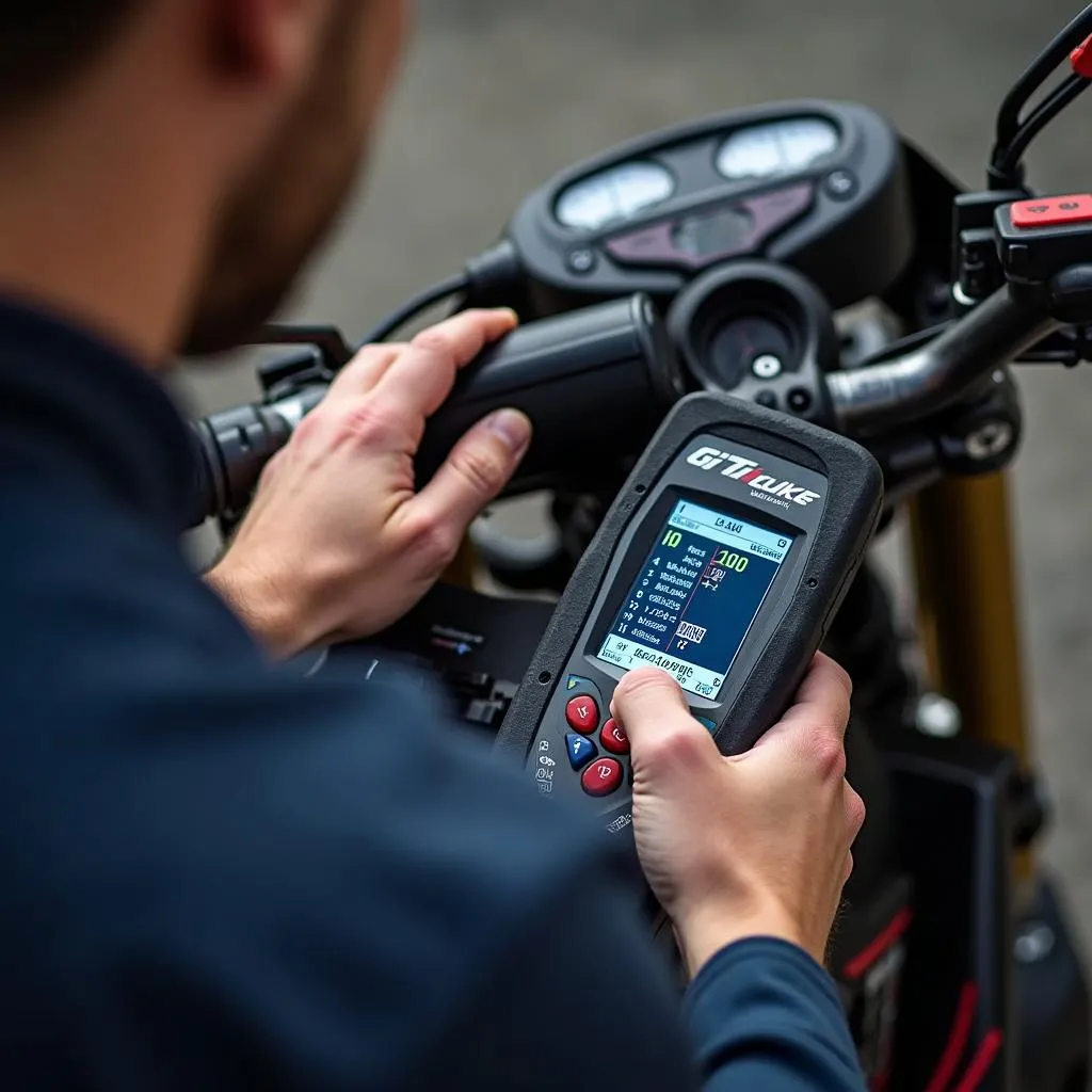 Mechanic diagnoses a dirt bike using a scan tool