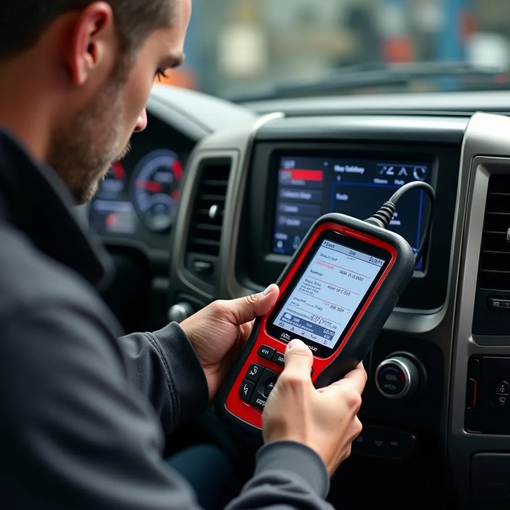 Mechanic Using Dodge OBD2 Scan Tool for Diagnostics